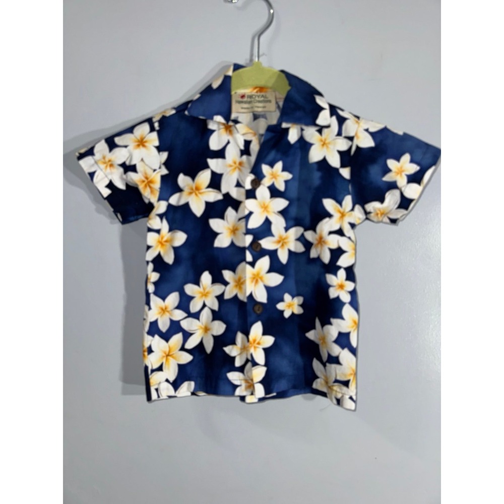 Royal Creations Hawaii boys button up‎ short sleeve blue white Hawaiian shirt